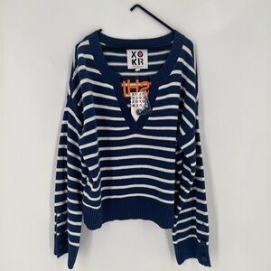 Kerri Rosenthal Knit Striped V Neck Embroidered Font Graphic Sweater Pullover